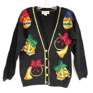 Vintage Christmas Cardigan Black Jingle Bells Holiday Ugly Sweater Party M